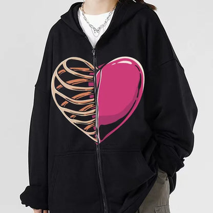 American retro street dark skeleton black fashionable loose zipper hooded sweatshirt for men and women Harajuku casual
