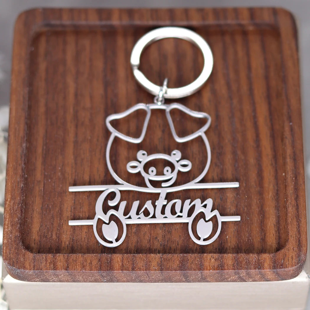 Stainless Steel Cute Pig Engrave Name Customized Keychain Men Keyring Pendant Keyring Cartoon Jewelry Animal Gift For Women