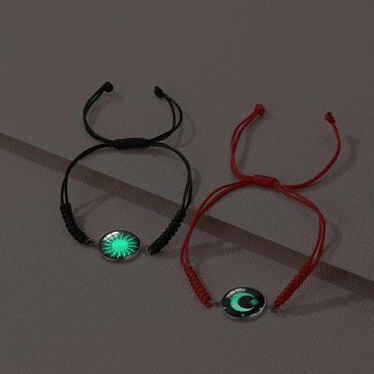 2Pcs Romantic Couple Bracelet Stainless Steel New Sun and Moon Lovers Charm Bracelet Glow in The Dark Adjustable Woven Bracelet