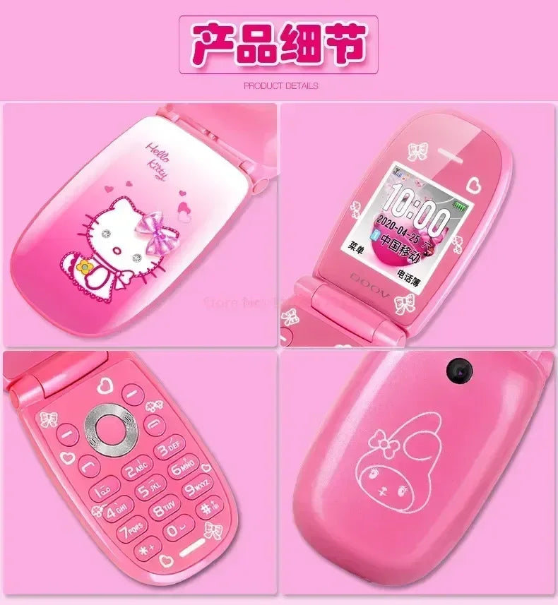 Sanrio Hello Kitty Flip Phone New Cartoon Cute Children White Pink Kawaii Mini Phone Children Birthday Gifts Fashion Model Toys