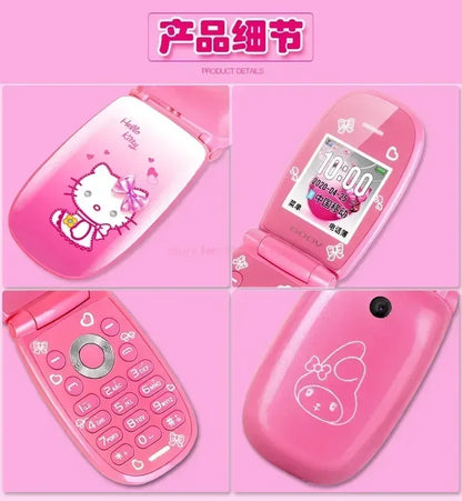 Sanrio Hello Kitty Flip Phone New Cartoon Cute Children White Pink Kawaii Mini Phone Children Birthday Gifts Fashion Model Toys
