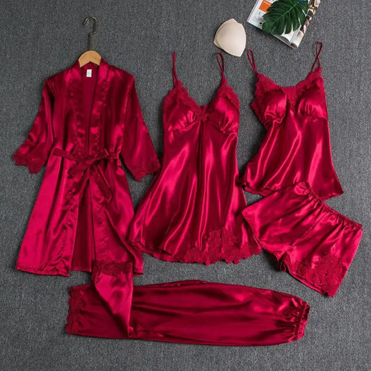 5 Pieces Pajamas Set Satin Home Pyjama Women Nightdress Lace Robe Sleep Suit Cami Vest Cardigan Trouser Sleepwear Gown Lingerie