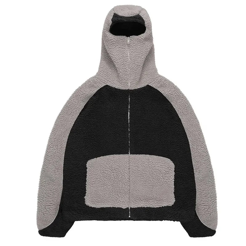 Autumn Winter Lamb Wool Fashion Loose Men's Jacket Contrast Patchwork Hooded Zipper Coat Plush Thicking Warm Couple Clothing