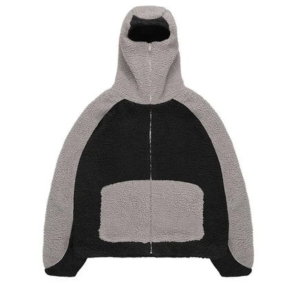 Autumn Winter Lamb Wool Fashion Loose Men's Jacket Contrast Patchwork Hooded Zipper Coat Plush Thicking Warm Couple Clothing