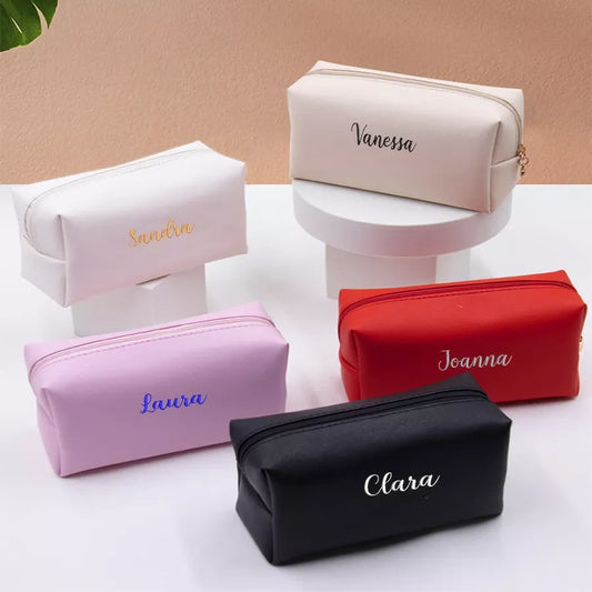 Personalized Embroidery Small Makeup Bag PU Leather Travel Cosmetic Pouch Toiletry Bag for Women Portable Water-Resistant