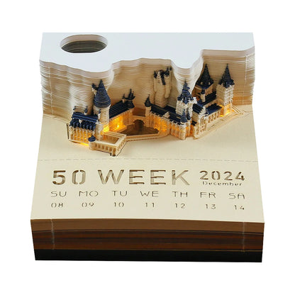 2024 Calendar Memo Pad With LED Lights,Time Piece Calendar,Creative Desk Calendar DIY Paper Carving Art Craft Desktop Decoration