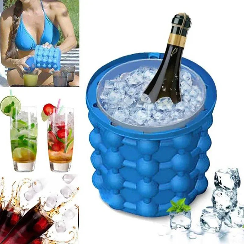 Portable 2 in 1 Large Silicone Ice Bucket Mold with Lid Space Saving Cube Maker Tools for Kitchen Party Barware