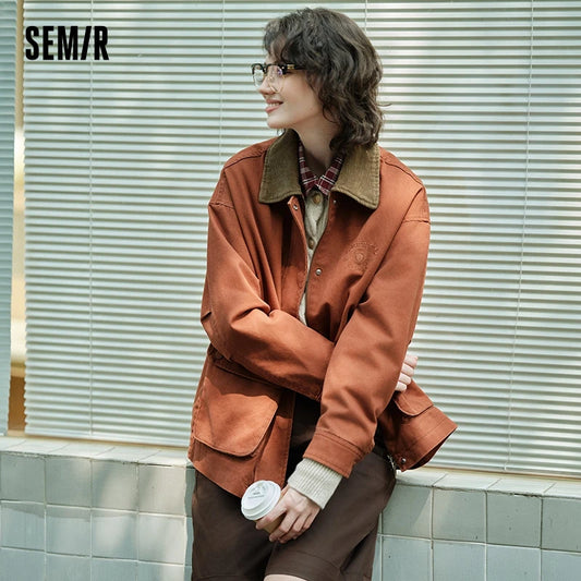 Semir Coat Women Medium Length Color-Blocking Corduroy Collar Retro 2024 New Autumn Embroidery Loose Fashion Jacket