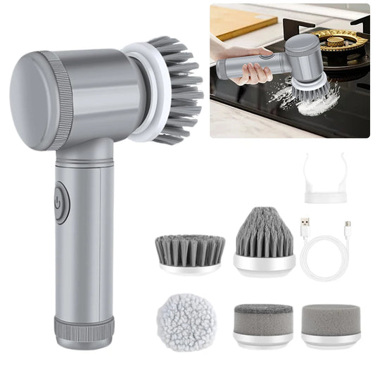 5 In 1 Electric Spin Scrubber with 5 Replaceable Brush Heads Electric Washing Up Brush 360 Degree Rotating for Tiles Glass Grill