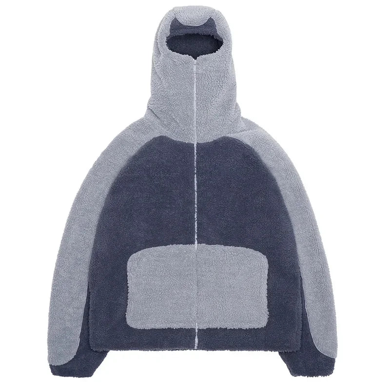 Autumn Winter Lamb Wool Fashion Loose Men's Jacket Contrast Patchwork Hooded Zipper Coat Plush Thicking Warm Couple Clothing