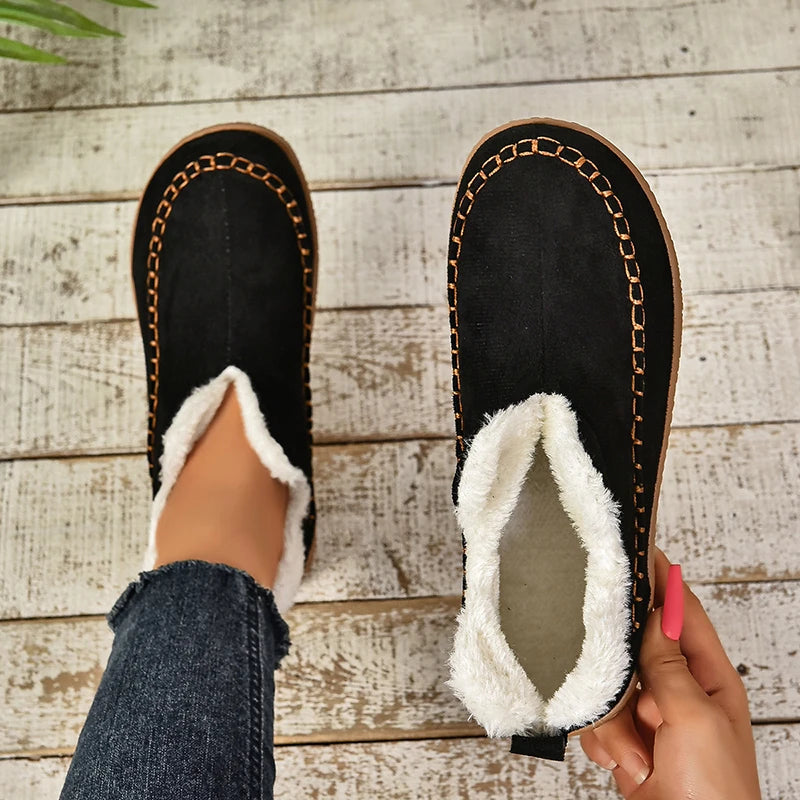 2024 New Hot Sale Suede Leather Ankle Boots Women Round Toe Thicken Fuzzy Snow Boots Comfortable Flat Anti-Slip Booties Mujer